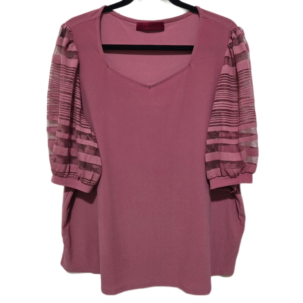LOVE SCARLETT Mauve Blouse with Sheer Lace Short Sleeves Size 2X